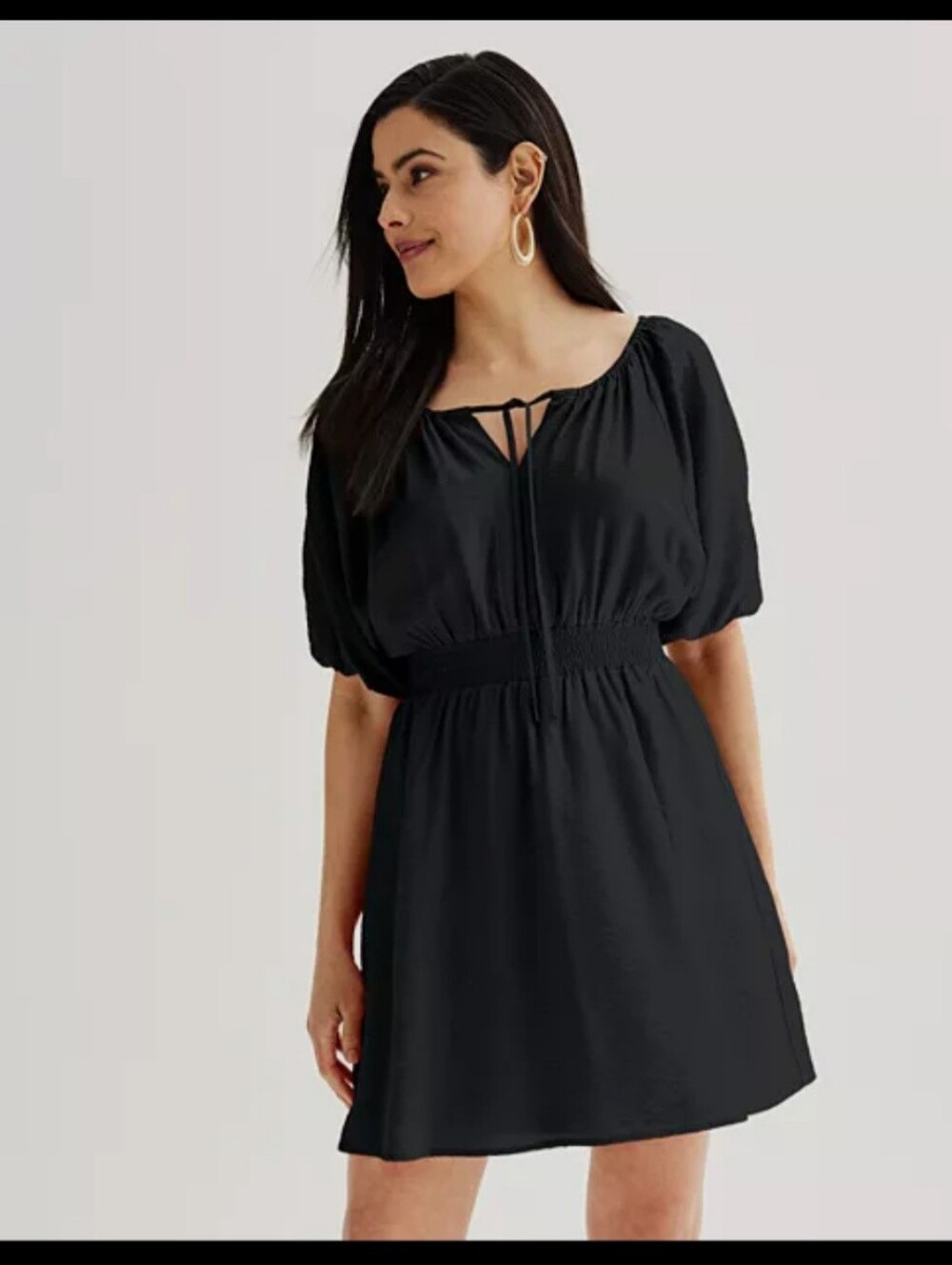 Nine West Black Tieneck Short Puff Sleeve Smocked-Waist Mini Dress